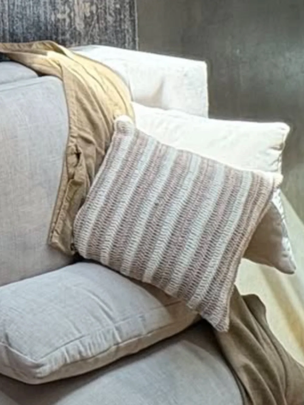 West Elm Beige and Cream Striped Linen Crochet Pillow Covers Set of 2 20x20